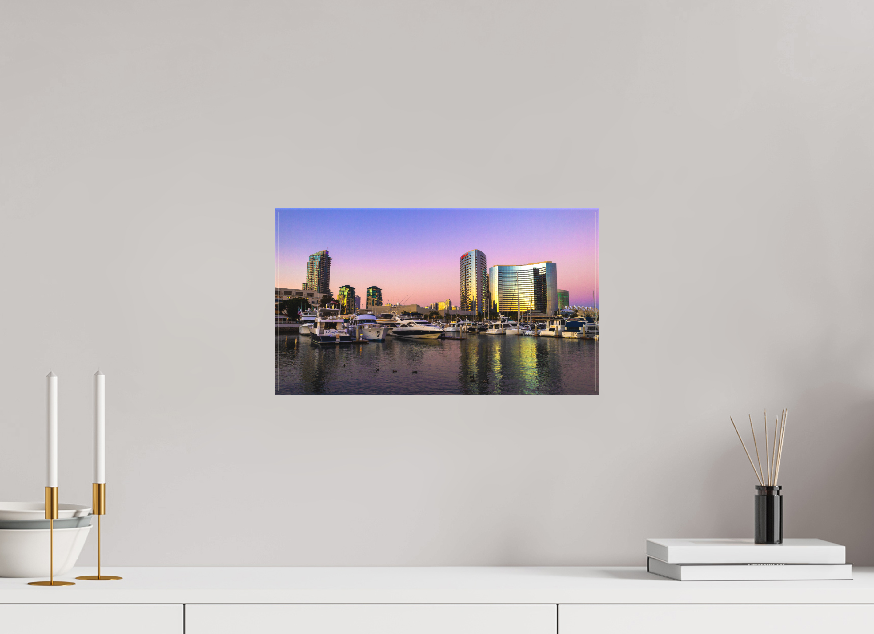 16 x 9″, Textile Print on Stretcher Frame Marina Sunset