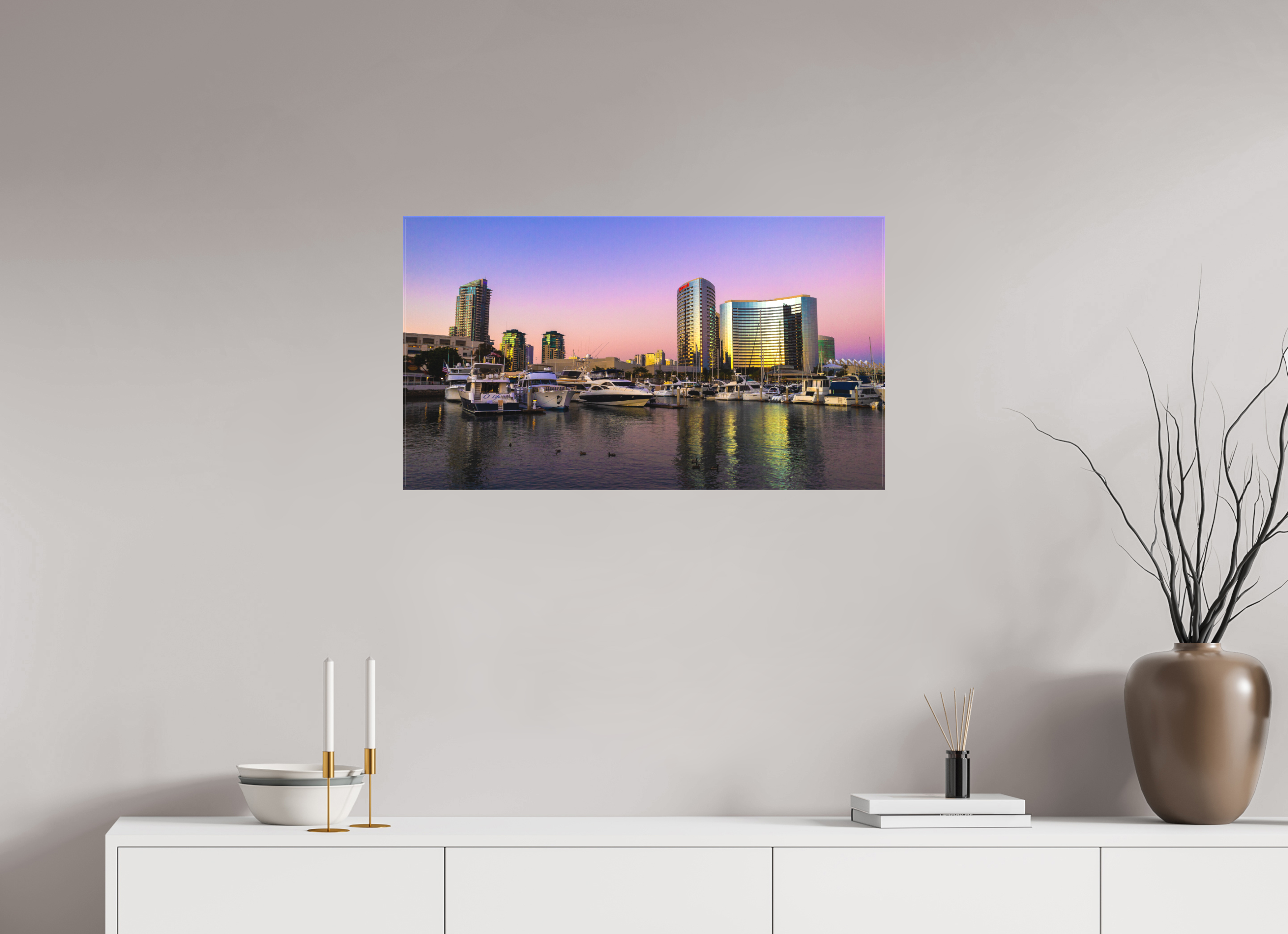 32 x 18″, Textile Print on Stretcher Frame Marina Sunset